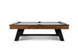 Side view of the Nixon Billiards Hunter Pool Table in Brushed Walnut with black metal legs, shown on a clean white background. This image highlights the sleek, modern design and the seamless integration of the black metal legs with the rich wood finish, creating a visually striking piece for any room.
