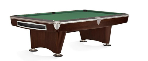 A striking view of the Brunswick Gold Crown VI Pool Table in Skyline Walnut finish, featuring sleek, modern lines with premium brushed nickel accents and a sophisticated Skyline Walnut finish. The perfect centerpiece for any luxury game room.
