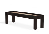 Luxury Fulton Shuffleboard Table in sleek black finish, featuring solid wood construction and available in sizes 9ft to 14ft, set in an elegant game room.
