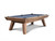 Three-quarter angle view of the Nixon Billiards Desyn Slate Pool Table in Gray Walnut finish, showing its mid-century modern Parsons-style legs, genuine leather drop pockets, and minimalist frame. This hero image highlights the natural wood grain, rich warm tone, and premium craftsmanship — positioned on a clean white background for optimal presentation in luxury game room settings.