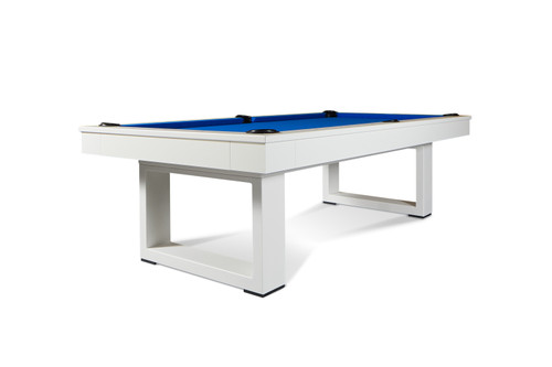 Showcasing elegance from every angle, the Santorini Slate Pool Table with its custom white finish on maple stands as a timeless centerpiece in any room. This elevated, pitched view highlights the clean lines and luxury of the white slate surface, setting the tone for sophistication and style.