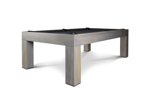Three-quarter hero view of The Natural Slate Pool Table by Doc & Holliday, featured in Grey Wash finish and photographed in a designer lifestyle setting. This angle showcases the table’s sleek Parsons-style silhouette, solid maple hardwood frame, mother-of-pearl billiard sights, and hand-stitched leather pockets. A signature piece of American craftsmanship, exclusively available at Sawyer Twain—designed for luxury homes, commercial spaces, and interior design-forward game rooms.


