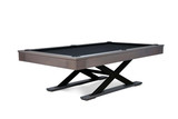 Dynamic and compelling, this hero image showcases The Metalsmith pool table set against the backdrop of a sophisticated game room. The table's industrial aesthetic is front and center, featuring a sharp contrast between the premium black felt and the bold steel logo.