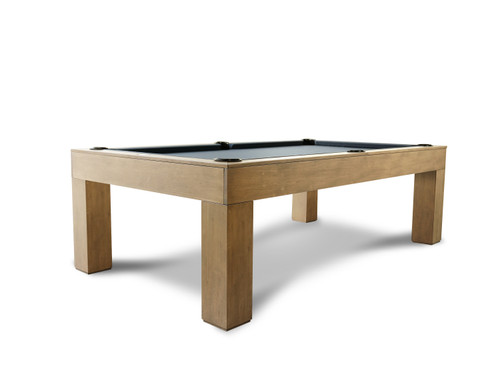 Paula Parsons Slate Pool Table in Glazed Maple finish by Doc & Holliday, featuring a warm heirloom-quality maple wood design with leather drop pockets and a dining top option.