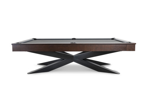 Capturing the essence of luxury, this image showcases the Jett Steel Slate Pool Table by Doc & Holliday Billiards, perfectly positioned in a minimalist modern setting. The robust steel structure and slate top gleam under ambient lighting, while plush, contemporary seating invites onlookers to enjoy the game in comfort.