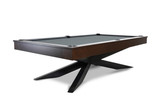 This dynamic image presents the Jett Steel Slate Pool Table from a captivating pitched-out angle, emphasizing the bold, sweeping lines that define its architecture. The sturdy steel frame and expansive slate surface draw the eye along a journey of modern design and impeccable craftsmanship. Each corner of the table, highlighted by the ambient lighting, showcases the careful assembly and the contrast between the sleek metal and the warm tones of the wood finish. This perspective not only invites viewers to admire the table’s structural beauty but also to envision it as the centerpiece of lively gatherings and skillful gameplay.