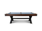 Side profile image of the Portland table against a seamless white backdrop. The long, minimalist cradle contrasts with the geometric strength of the X-base, emphasizing modern industrial design in a game-ready format.