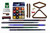 Classic Plank & Hide billiards accessory kit included with purchase, featuring four cue sticks, billiard balls, bridge stick, triangle, chalk, and brush displayed on white


