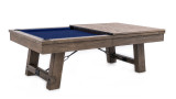 ¾ angle of the Isaac Slate Pool Table in Silvered Ash shown with the four-piece dining top partially installed. This image perfectly captures the table’s dual functionality, highlighting how seamlessly it converts between luxury billiards and modern dining use—ideal for multifunctional interior layouts.


