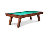 The Marvin Muse Pool Table by Doc & Holliday, a stunning mid-century modern design handcrafted in the USA. Featuring genuine maple wood in a pecan finish, sleek tapered rails, and premium features like a 1-inch, three-piece slate and genuine leather drop pockets. A luxurious addition to any game room or office space.