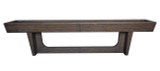 Side profile shot of the Nixon Billiards KAI Shuffleboard Table with its pedestal tapered leg design and Grey Walnut finish. This angle highlights the table’s clean lines and the industrial-style central support beam, giving it both strength and an elegant, modern aesthetic.