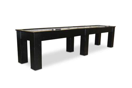 Elegant Fulton Shuffleboard Table by Plank & Hide with a luxurious sleek black finish, showcasing its solid wood construction and detailed craftsmanship, perfect for sophisticated game rooms.
