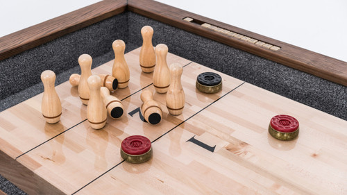 The full 10-pin bowling set with rack, laid out neatly to show all components
