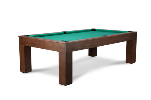 Set against a clean white backdrop, the Paula Parsons Pool Table by Doc & Holliday Billiards showcases its luxurious Antique Coffee finish, leather pockets, and intricate mother of pearl billiard sights. The Doc & Holliday logo emphasizes its premium craftsmanship.
