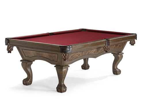 The Brunswick Botanic 8' Slate Pool Table in Nutmeg finish, showcasing its timeless double-arched base with ball-and-claw legs. The perfect centerpiece for a modern rustic game room.