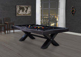 A dynamic shot in action on the Vox pool table, where the K66 rubber cushions offer perfect rebounds for a truly competitive game. The slate surface provides a professional playing field, while the industrial steel frame promises stability and performance for every shot.