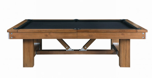 Side view of the Willow Bend showcasing the exposed turnbuckles, distressed hardwood, and natural light play on the hand-applied toffee finish.

