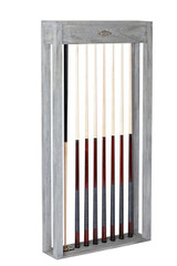 Brunswick Sanibel Wall Cue Rack in Rustic Grey, featuring dedicated slots for six cue sticks, a bridge stick, and chalk.
