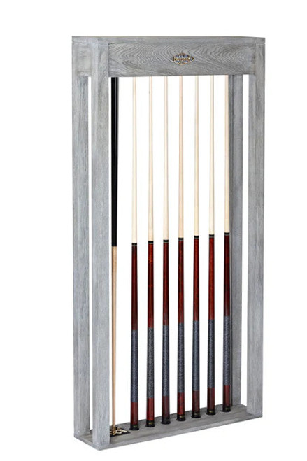 Brunswick Sanibel Wall Cue Rack in Rustic Grey, featuring dedicated slots for six cue sticks, a bridge stick, and chalk.