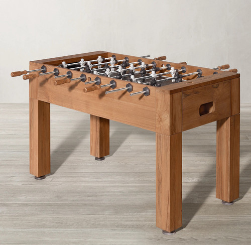 Brunswick Teak Foosball Table, crafted from sustainably harvested teak wood with stainless steel rods and teak handles, designed for both indoor and sheltered outdoor use.