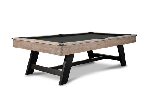An angled shot that captures the entire Hunter Slate Pool Table, highlighting the tapered solid black matte metal legs and the rich antique finish. The sleek lines of the metal legs offer an industrial contrast to the warm wood tones, making this pool table a perfect fusion of style and functionality.

