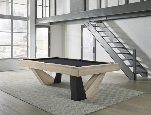 The Annex Pool Table by American Heritage Billiards, available at Sawyer Twain USA, in a two-tone Natural Ash finish with Black Ash accents and sleek leather drop pockets.