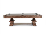 A full profile view that shows off the solid pine construction and depth of the warm brown finish. This angle captures the table’s commanding length and sleek rail profile.