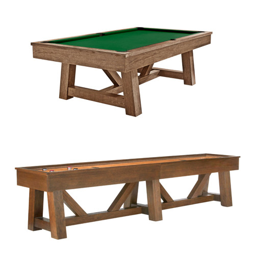 A clean, professional shot of the Brunswick Botanic Slate Pool Table and Brunswick Botanic Shuffleboard Table, displayed together on a white background. The rustic flared H-leg design is clearly visible on both tables, showcasing their sturdy and stylish construction. The smooth 3-piece 1-inch slate of the pool table and the maple butcher block playfield of the shuffleboard table are prominently featured, emphasizing the high-quality craftsmanship. Both tables are designed for family fun, providing a seamless look that enhances any game room.


