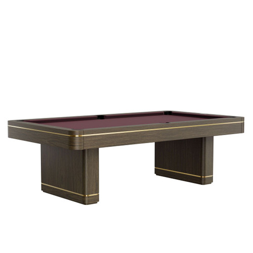 The Plank & Hide Deco Slate Pool Table in Brushed Greige finish, captured in a striking ¾ view. Showcasing its sleek brass or chrome diamond inlays, seamless uni-body design, and the Art Deco-inspired elegance that defines its modern aesthetic. Perfectly presented as the centerpiece of any luxury game room, this pool table brings Sawyer Twain’s premium craftsmanship to life.