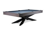 This minimalist game room features the Stealth Black Steel Pool Table as its focal point, surrounded by clean lines and modern art. The industrial steel frame and customizable wood top create a bold yet refined atmosphere, perfect for sophisticated entertainment.