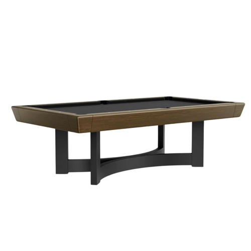 A modern slate pool table featuring a brushed walnut frame and angular black steel base, shown with clean lighting and no background distractions.