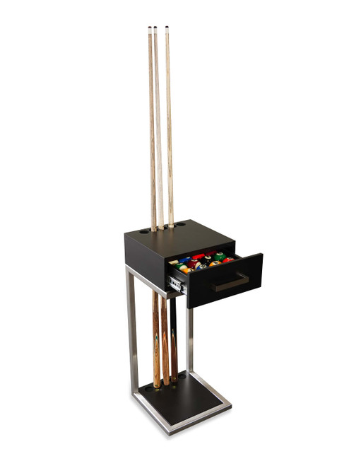 The same sleek stainless steel rack, now holding multiple billiard cue sticks and balls, displayed on a white background. Highlights its functional storage capacity and luxury appeal.
