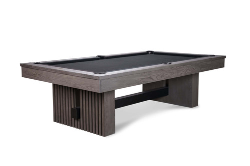 The Vancouver Slate Pool Table by American Heritage Billiards, shown in exclusive Gray Marble finish, photographed at a ¾ angle on a clean white background. The rich gray tones and reeded wood legs bring bold texture to this modern statement piece—perfect for customers searching “gray finish pool table with reeded legs,” “modern slate pool table exclusive Sawyer Twain,” or “convertible gray marble billiards table.”