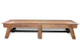 Side profile shot of the Hunter Shuffleboard Table, featuring the rich Brushed Walnut finish and the bold industrial X-leg metal design. Captured against a white background, this image emphasizes the durability and strength of the frame while showcasing the seamless design.