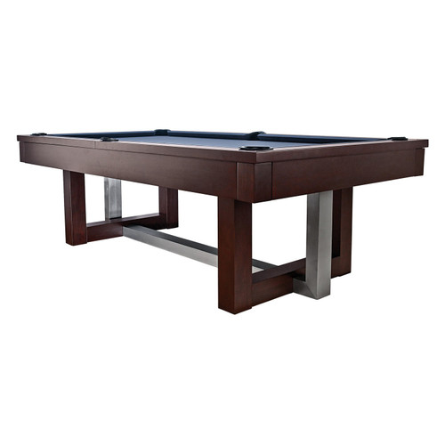 Abbey 8' Slate Pool Table in Espresso finish shown on a white background, featuring a deep mocha wood tone, brushed metal rail sights, and modern pedestal legs for a dramatic yet versatile game room centerpiece.