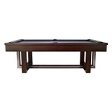 Side profile of the Abbey pool table in Espresso, showcasing its architectural pedestal base, K66 cushions, and balanced frame that offers both design impact and stability.