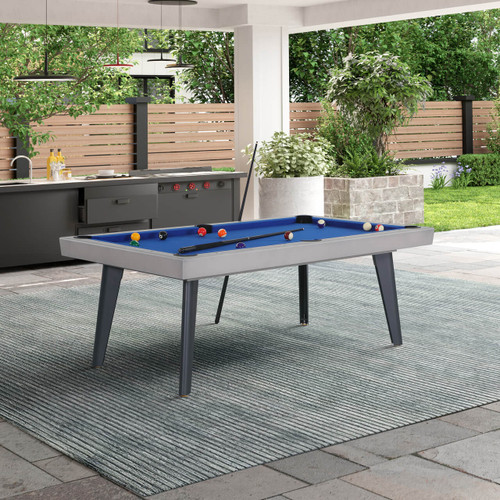 Playcraft Santorini outdoor pool table on white background, showcasing modern graphite frame, slate surface, and matching benches styled for luxury outdoor use.
