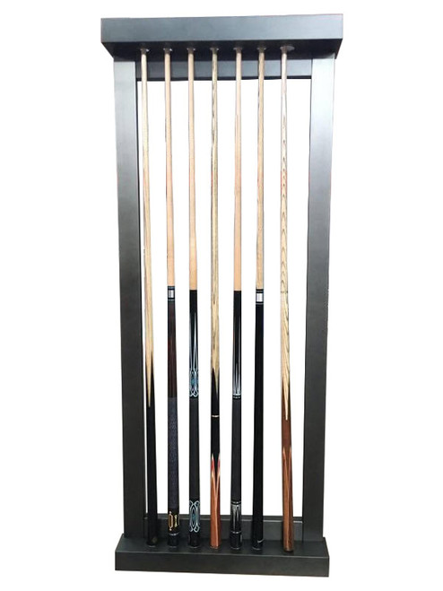 Vox Steel Wall Rack by Plank & Hide mounted on wall beside matching Vox Slate Pool Table. Industrial steel design in gunmetal grey, holds 8 cues.
