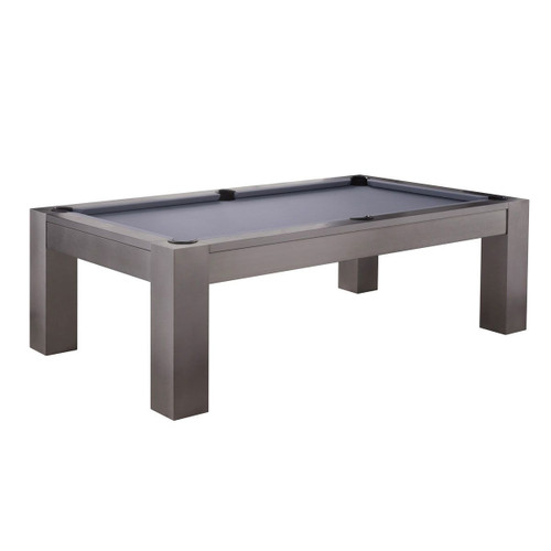 The Plank & Hide Maximus Steel Pool Table, exclusively at Sawyer Twain, displayed in a 3/4 view on a white background. Featuring a sleek gun metal steel finish and one-piece rectangular steel legs, this modern industrial design is complemented by a 3-piece, 1-inch K-pattern framed slate and K-66 gum rubber cushions for professional-quality play and lasting elegance.