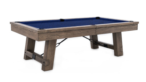 The Plank & Hide Isaac Slate Pool Table in exclusive Silvered Ash finish, shown in a clean ¾ view. Its oversized rails, brushed turnbuckles, and tapered legs define this luxury centerpiece built for high-end game rooms.