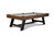 Side angle of the Nixon Billiards Hunter Pool Table in Brushed Walnut with black metal legs, focusing on the stunning contrast between the warm wood finish and the sleek metal legs. The image captures the table’s unique blend of rustic charm and modern design.
