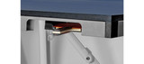 Close-up view of the integrated paddle storage compartment on the Brunswick Smash 5.0 Indoor Table Tennis Table, showcasing two rackets neatly secured within the frame for easy access and sleek organization.