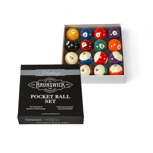 Full set of Brunswick Heritage Pocket Balls on white background, showcasing rich colors, classic numbers, and polished resin finish.

