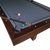 Detailed image of the Abbey pool table’s brushed metal rail sights and deep Espresso rail finish, emphasizing craftsmanship and performance in one sleek package.