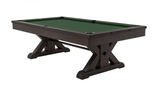 Full front-facing view of the Otis Slate Pool Table in Smokehouse finish by Plank & Hide, shown on a white background with X-style farmhouse legs and clean slate top