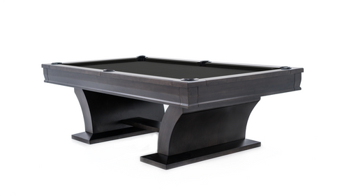 ¾ angle of the Paxton Pool Table in Tobacco finish, showcasing the continuous arc leg design, textured wood grain, and leather pocket details.