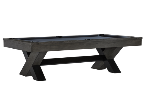 Front-facing view of the Halifax Pool Table in Charcoal finish showing its sculptural X-leg base and two-tone wood and metal body. This angle highlights its bold form and industrial aesthetic.