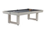 Lanai Outdoor Slate Pool Table in Grey with the optional dining conversion top, styled with elegant tableware and surrounded by modern outdoor furniture for a refined al fresco dining setup.