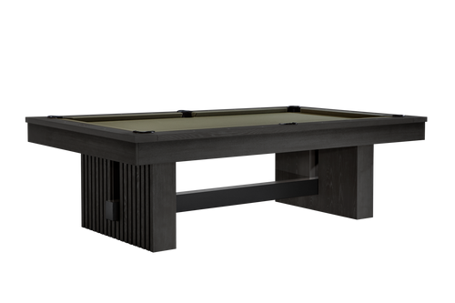 American Heritage 8' Vancouver Slate Pool Table in Black Ash, featuring reeded wood legs, a premium slate surface, and genuine leather pockets. A perfect addition to any luxury game room, available exclusively at Sawyer Twain USA.