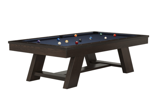 Deerfield Slate Pool Table shown in dark walnut finish with sleek tapered legs, photographed at a ¾ angle on a clean white background.